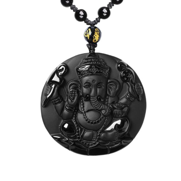 Collar ASGIFT con colgante unisex de obsidiana natural y ganesha