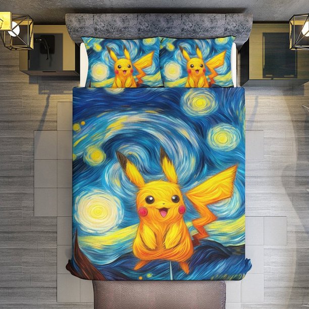 Pikachu Style 3 Piece Sets Full/Queen Size - Reversible Microfiber Quilts with Shams Soft Lightweight Bedspread Coverlet Comforter for All Season Bed Sheets