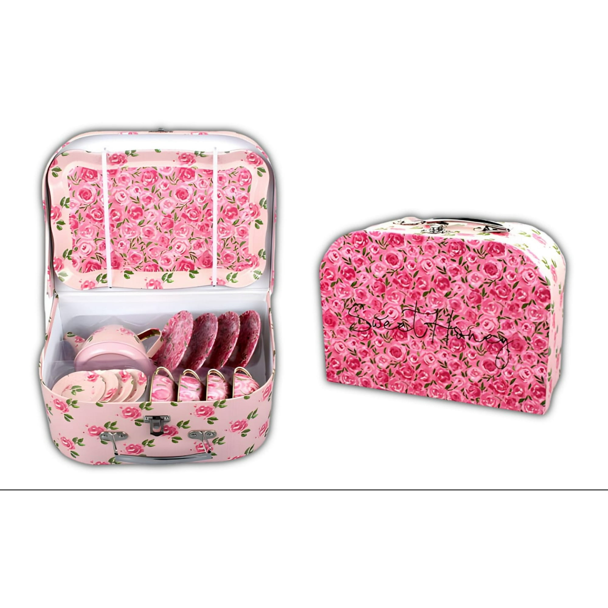 Genérico - Juego De Tacitas Teteras Platitos Metalicos Caja Regalo Rosa