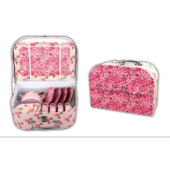 Juego De Tacitas Teteras Platitos Metalicos Caja Regalo Rosa