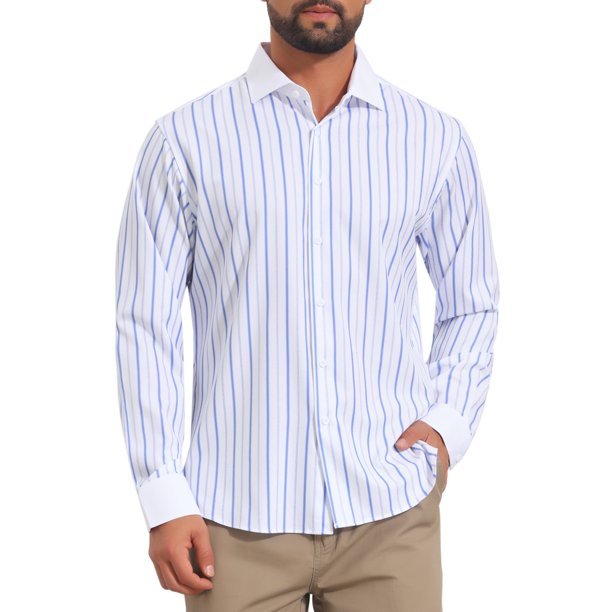 INSPIRE CHIC Camisa de Hombre a Rayas con Botones y Mangas Largas Elásticas para Negocios L Azul Claro