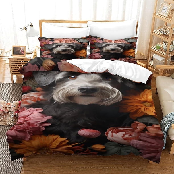 Juego de funda nórdica con estampado de perro leal y diseño floral para niños y adolescentes, juego de ropa de cama de 3 piezas con 2 fundas de almohada para decoración de habitaciones.