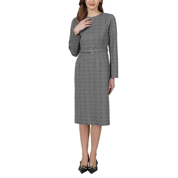Vestido de Cuadros de Pata de Gallo para Mujer INSPIRE CHIC, Manga Larga, Cinturón, Vestidos de Oficina Lápiz, Gris Negro
