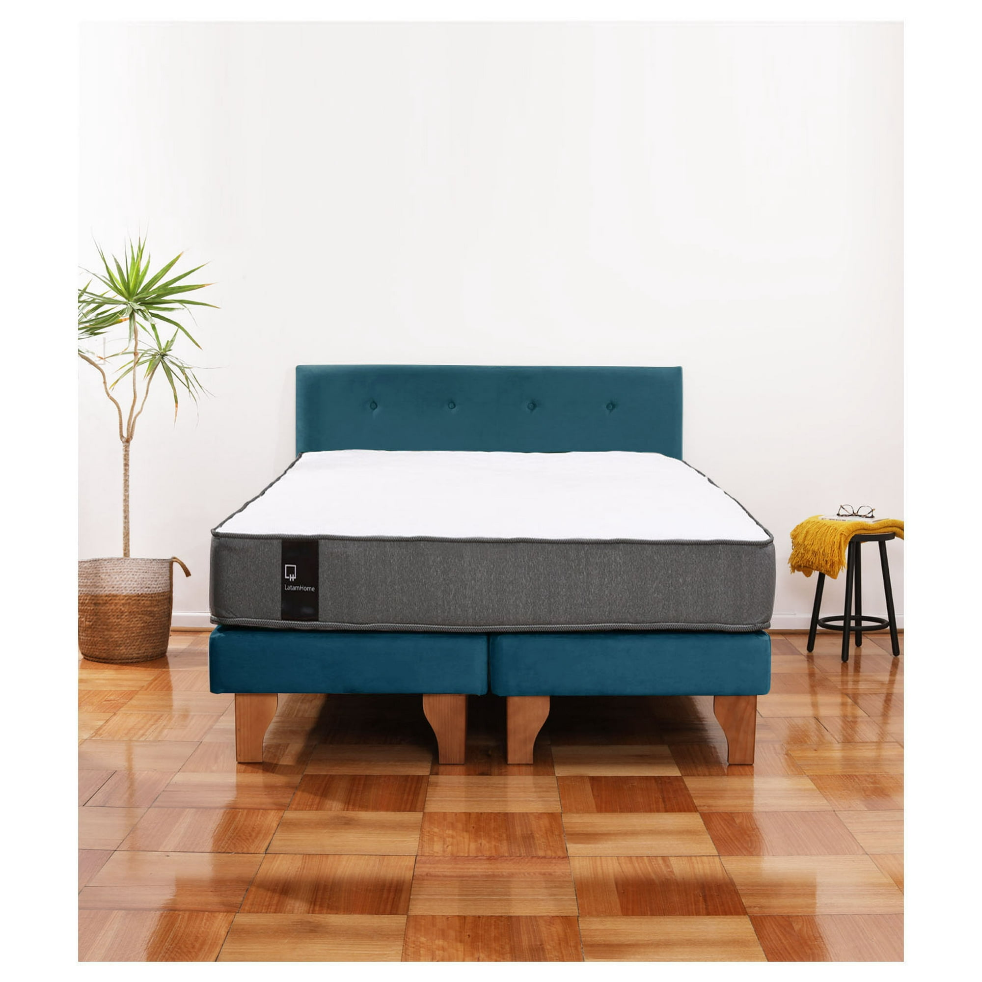 Latam Home - Cama Europea Zen Best 2 Plazas Colchon Resortes Base Dividida + Respaldo Tela Azul