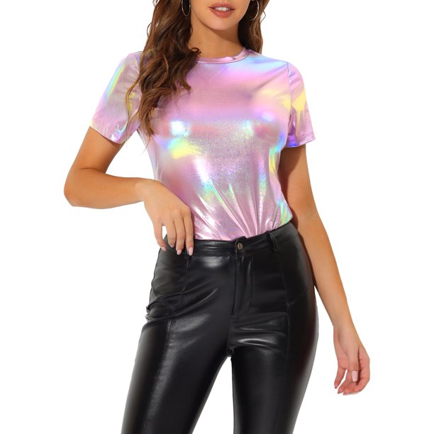 INSPIRE CHIC Blusas de Fiesta Brillantes de Manga Corta con Textura Metálica para Mujer S NINGUNO16