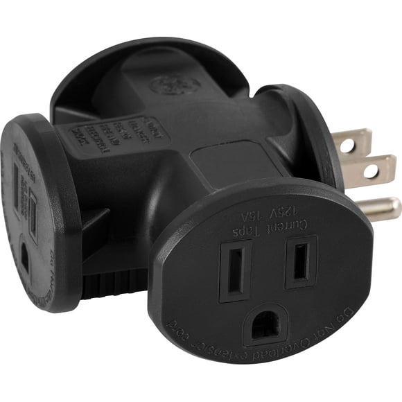 Adaptador GE de 3 tomas con conexión a tierra, en forma de T, resistente, negro