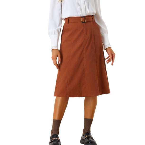 Falda de Mujer INSPIRE CHIC Cintura Alta Elástica Línea A con Cinturón Otoño Invierno Midi Pana L Caramelo