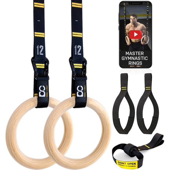 Anillos de gimnasia de madera con doble círculo, correas y accesorios