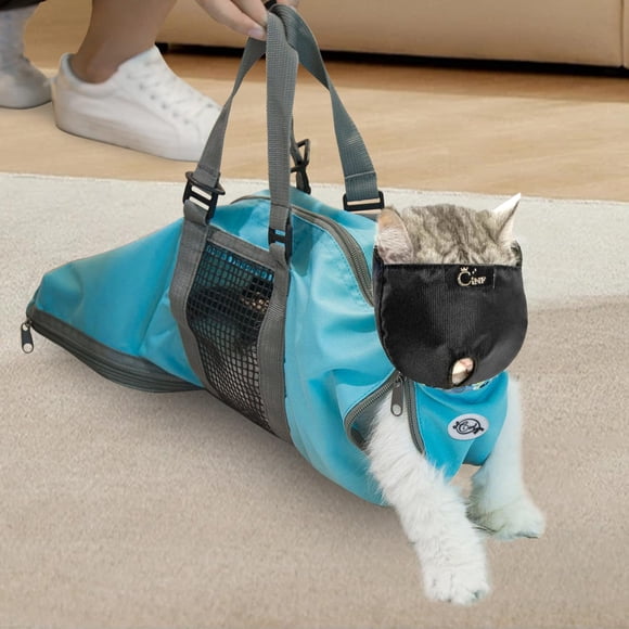 Bolsa de aseo para gatos Cinf azul con bozal para gatos de 3,5 a 5,5 kg
