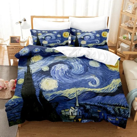 Starry Night Van Gogh Duvet Cover Set Oil Painting Famous Modern Classic Sky Star ArtDecorative 3 Piece Bedding Set