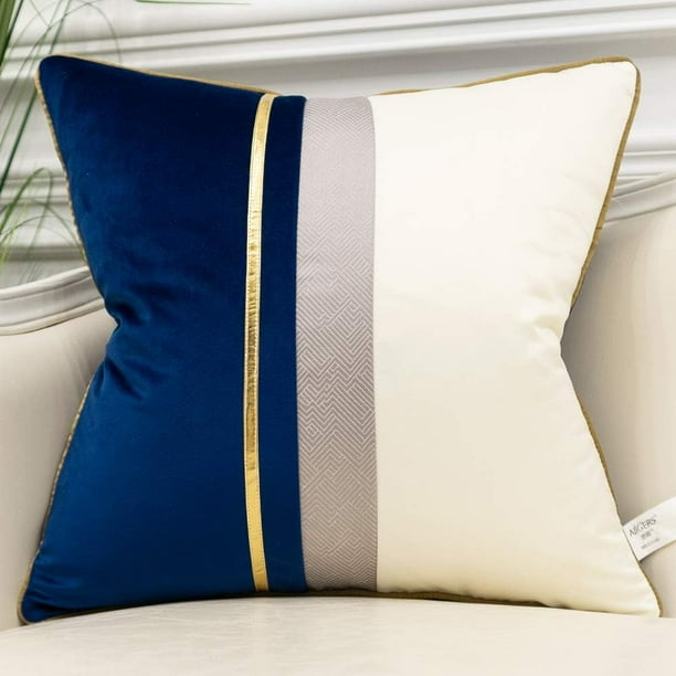 Funda de cojín de terciopelo con diseño de rayas de cuero azul marino, blanco y dorado, con diseño de patchwork, moderna y lujosa, para sofá, sala de estar, dormitorio y coche.
