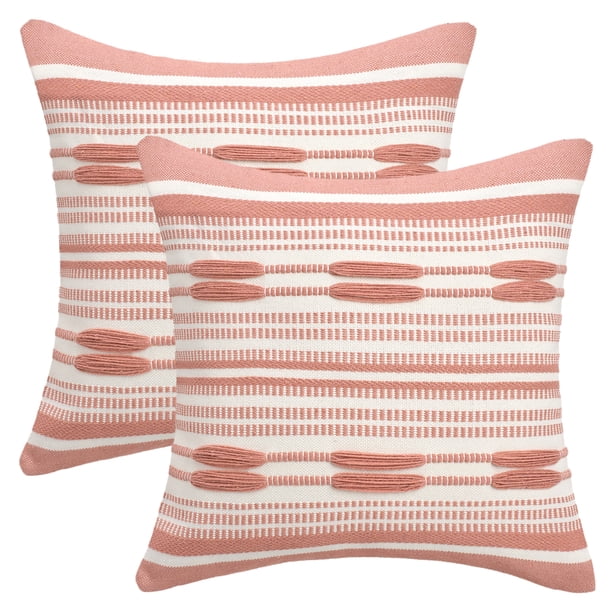 REGALWOVEN Fundas de Cojín Decorativas Boho a Rayas Paquete de 2 Fundas de Cojín Cuadradas Suaves para Sofá Dormitorio Sala de Estar Decoración del Hogar Rosa 18" x 18"