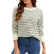 thumbnail image 1 of ATHLECHIC Suéter de Punto a Rayas para Mujer Cuello Redondo Oversize con Aberturas Laterales Tops Informales de Otoño XL Albaricoque-negro, 1 of 5
