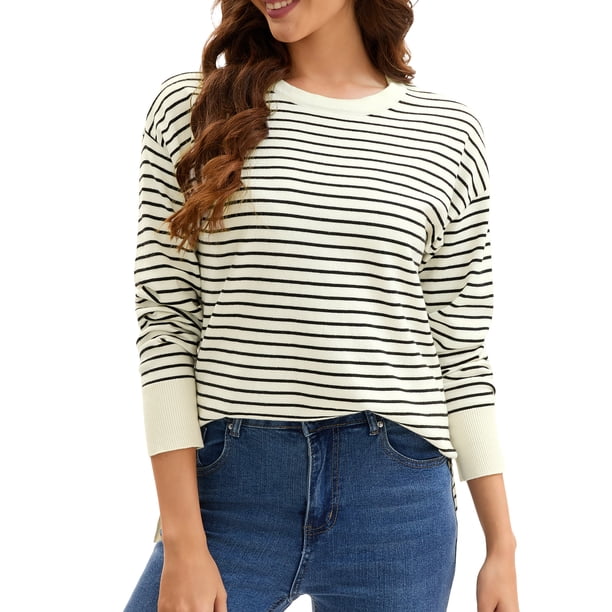 ATHLECHIC Suéter de Punto a Rayas para Mujer Cuello Redondo Oversize con Aberturas Laterales Tops Informales de Otoño XL Albaricoque-negro