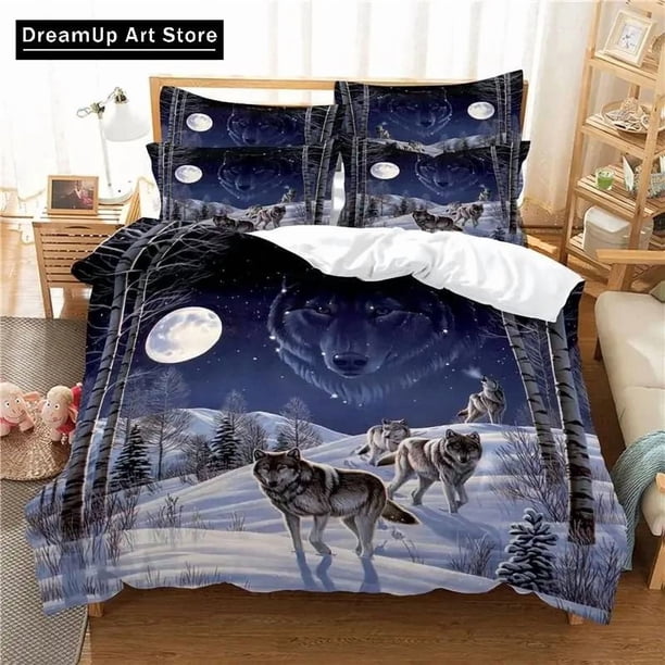 Wolf Duvet Cover Set Wolf with Mechanical Eye Bedding Set Boys Girls Duvet Cover Pillowcase Bed Adult