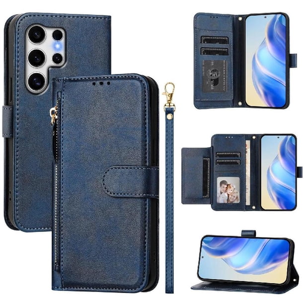 Funda Billetera Cremallera para Samsung Galaxy S25 Ultra con Porta Tarjetas, Soporte y Correa Azul
