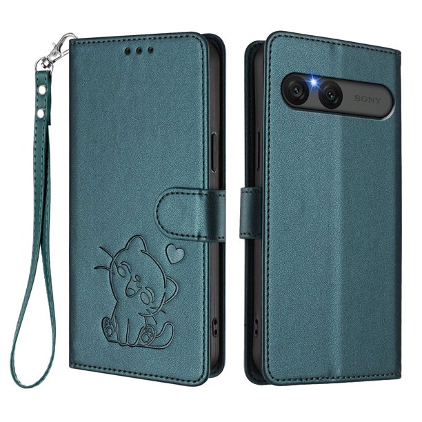 Sony Xperia 10 VII Funda Billetera con Estampado de Gato, Verde Oscuro