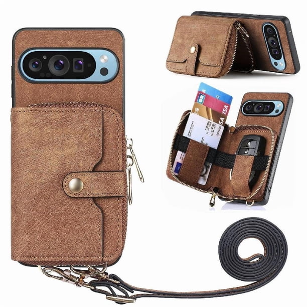 Funda Tipo Cartera con Correa Cruzada para Google Pixel 9 Pro XL Protección Contra Golpes Marrón