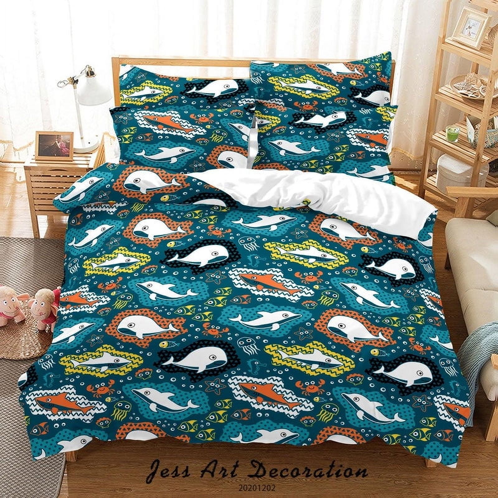 Milsleep - 3D Dibujos Animados Dibujado A Mano Colorido Océano Ballena Tiburón Pez Funda De Edredón Set Ropa De Cama
