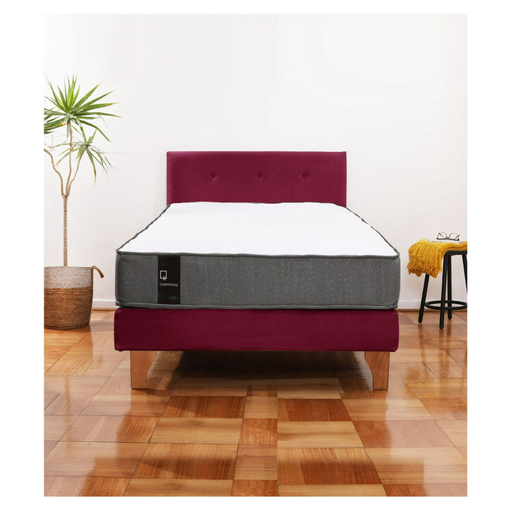 Latam Home - Cama Europea Zen Best 1.5 Plaza Colchon Resortes Base Dividida + Respaldo Tela Burdeo
