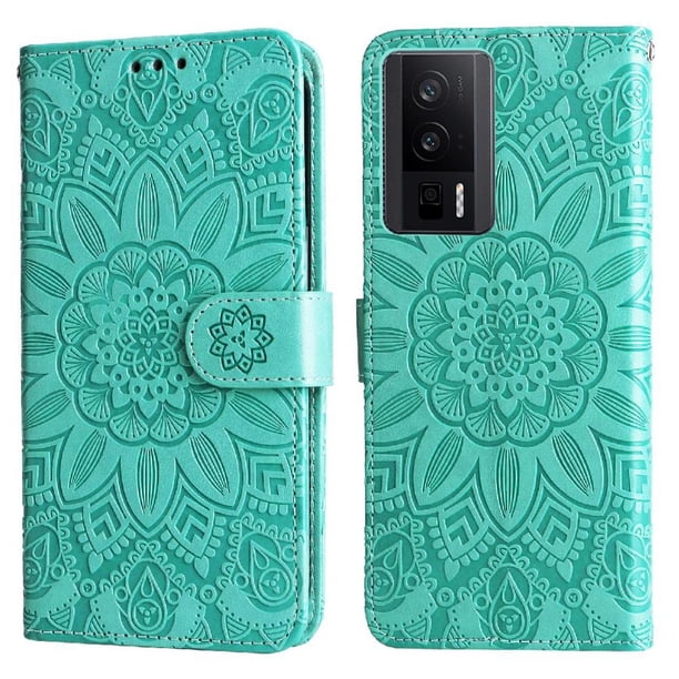 Funda tipo cartera FOXDOCK para Xiaomi Poco F5 Pro , diseño girasol en relieve, cuero PU, cierre magnético, soporte y tarjetero