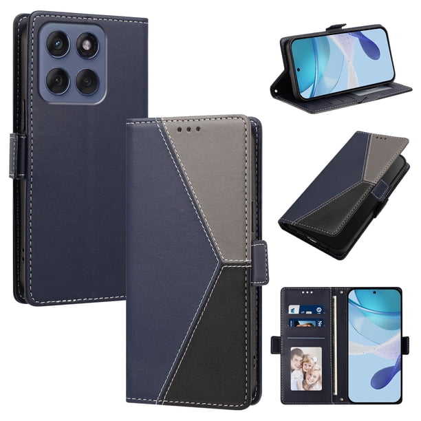 Funda con Solapa para Motorola Edge 70, Diseño Tricolor con Ranuras, Azul Oscuro