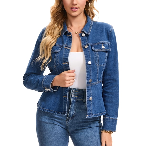 INSPIRE CHIC Chaqueta de Mezclilla Peplum para Mujer Casual con Botones de Manga Larga con Bolsillos Chaquetas de Jean con Volantes Elásticas M Azul