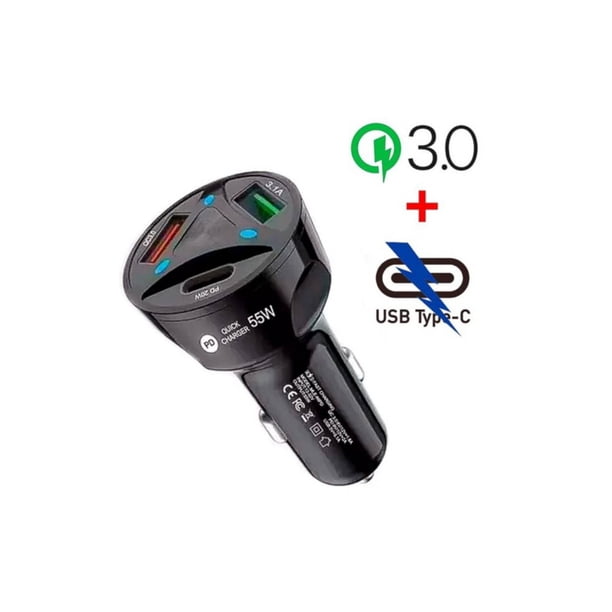 Cargador para autos 2 USB y tipo C 3.0 Carga Rapida | Lider