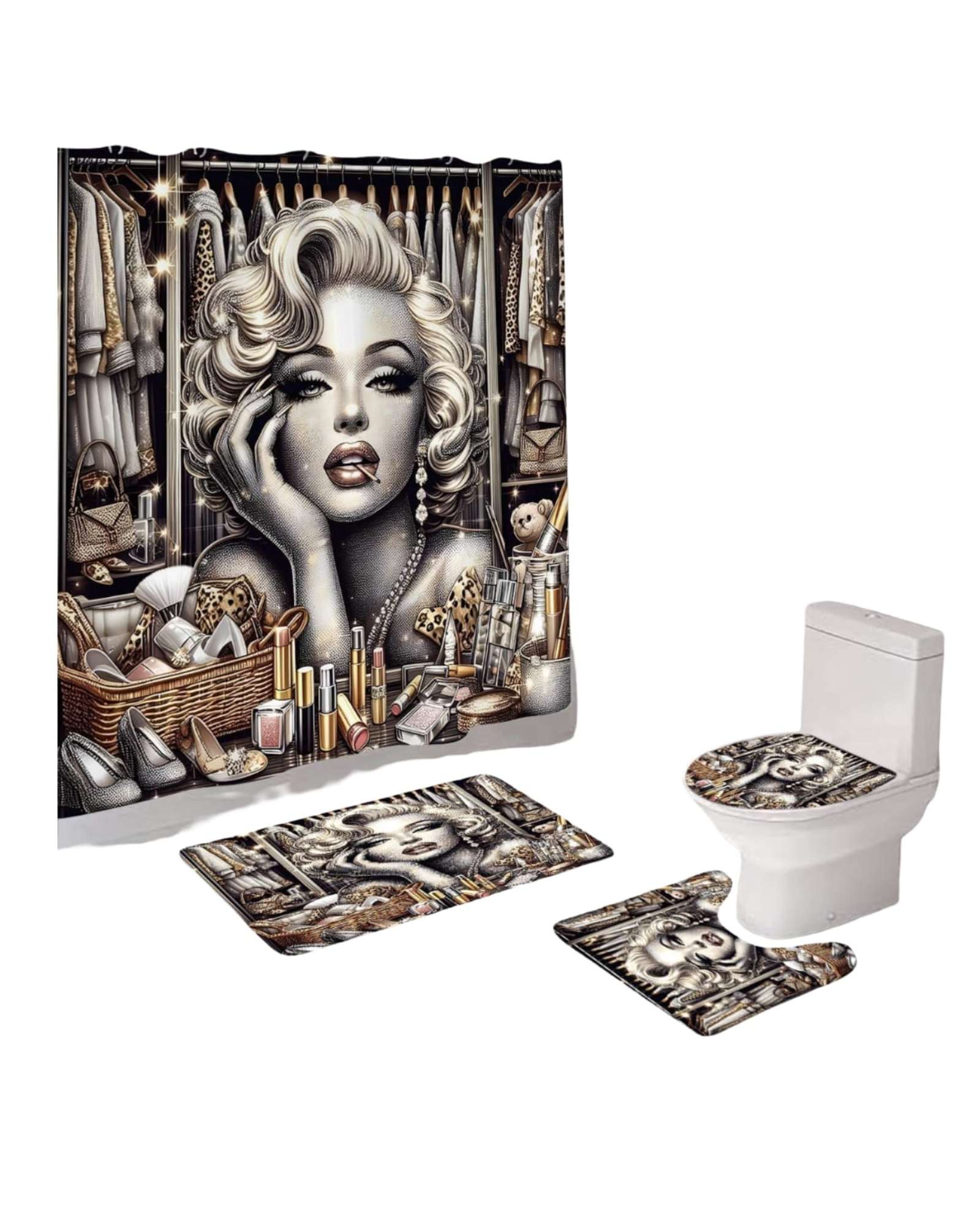 Mylhogar - Set De Baño 5 Piezas Cortina Mas Alfombras Mas Forro De Ducha