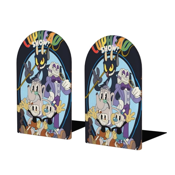 Cuphead Sujetalibros decorativos temáticos, tope para estantería con base antideslizante, uso dual para hogar y oficina - 2 piezas