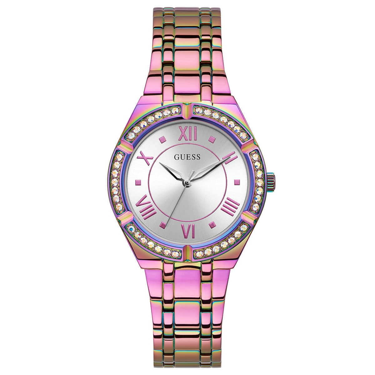 Reloj Guess Para Mujer, Caja Morada De 36 Mm, Esfera Plateada Con Pulsera