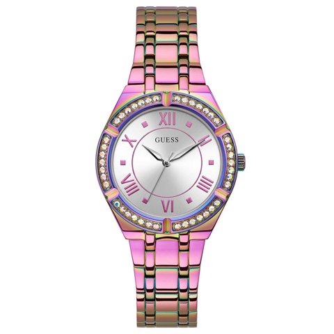 Reloj Guess Para Mujer, Caja Morada De 36 Mm, Esfera Plateada Con Pulsera