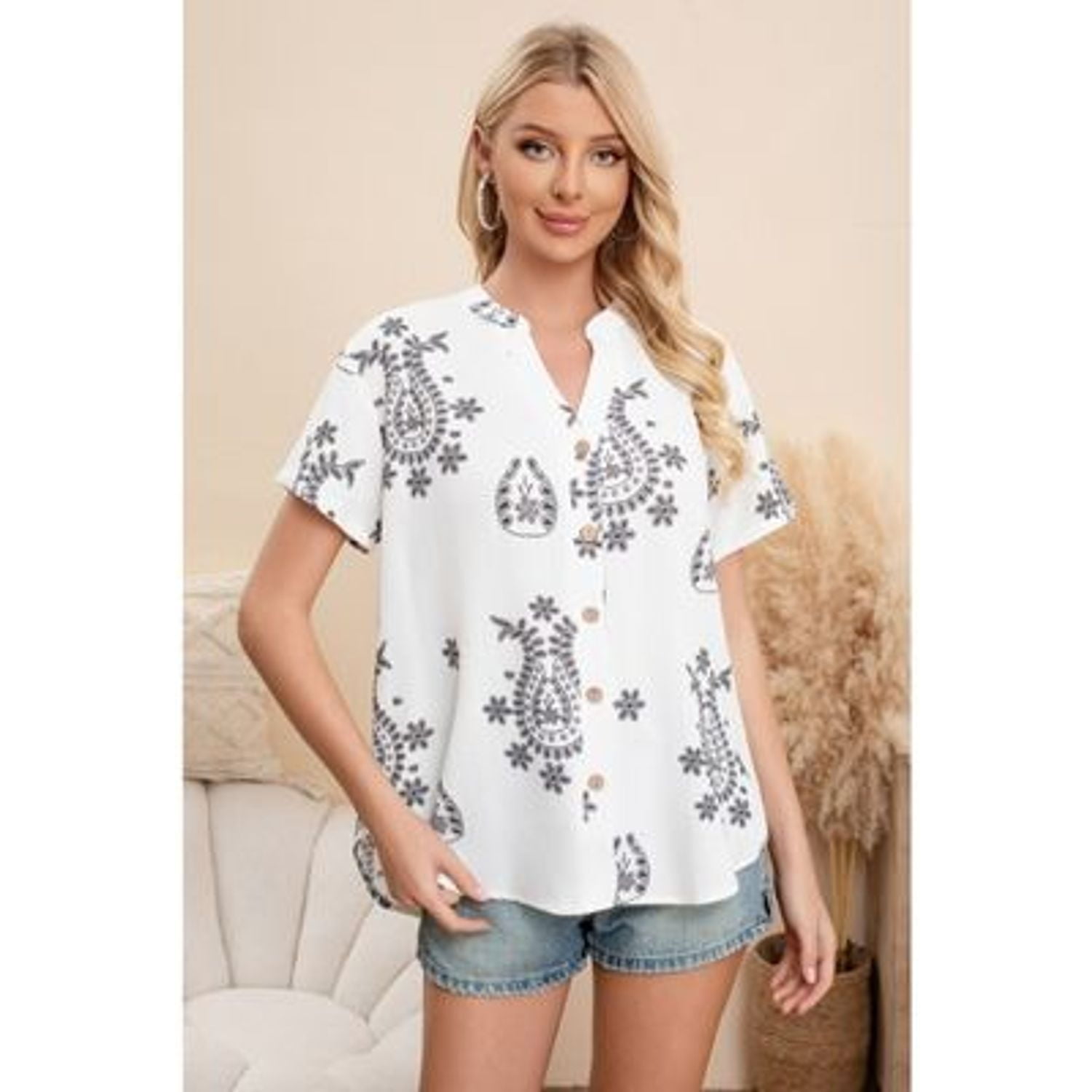 Likeshop - Blusa Mujer Manga Corta Algodón Botones Diseño Estampado 0076