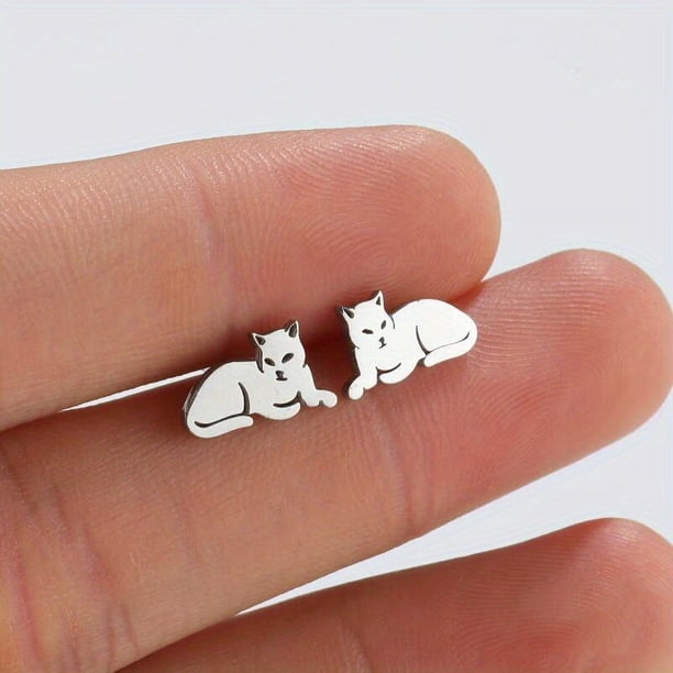 1pair Cute Origami Cat Stud Earrings For Men, Stainless Steel Kitten Earings, Animal Children Accessories