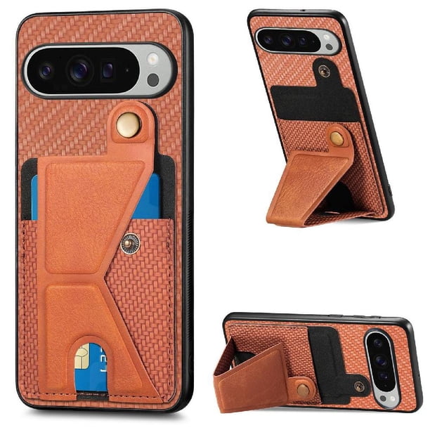 Funda Resistente para Google Pixel 9 Pro XL con Tarjetero y Soporte, Diseño Magnético Marrón