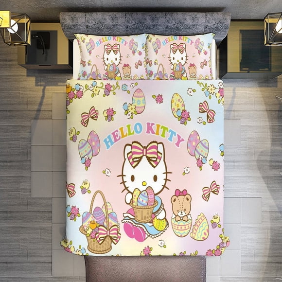 Hello Kitty Easter Eggs Bedding Set for Girls Kids Teen Tween Ultra Soft Microfiber Comforter Set Twin Size with 3-Pieces Comforters Bed Sets Bedroom Decor Bed Sheets