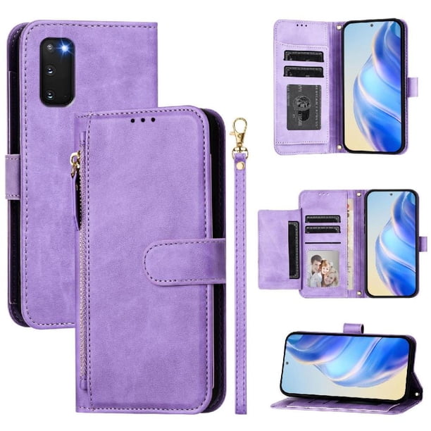 Funda Billetera Cremallera para Samsung Galaxy S20 Plus 5G con Porta Tarjetas, Soporte y Correa Morado