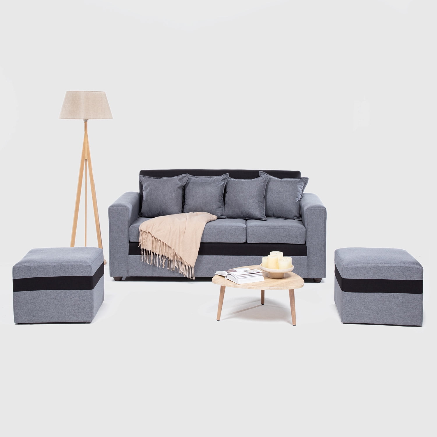 Almore - Sofa Paris 2 Pouf Gris Negro