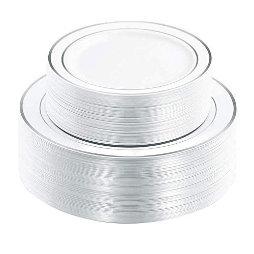 Platos De Plástico I00000 Silver Con Borde De Plata Blanca 102 Piezas