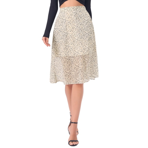 Falda Midi Línea A de Mujer INSPIRE CHIC Vuelta al Colegio Estampado Floral Chifón Vintage Verano Faldas Albaricoque Gris M