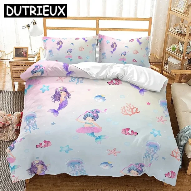 Mermaid Bedding Set Quilt Cover Pillowcases Polyester For Girl Kids Duvet Cover Sets Bed Sheets