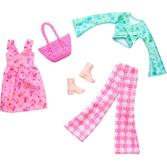 Set de moda Barbie Fashion, paquete de 2 unidades con vestido, top, pantalones, botas y bolso