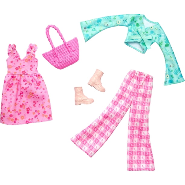 Set de moda Barbie Fashion, paquete de 2 unidades con vestido, top, pantalones, botas y bolso