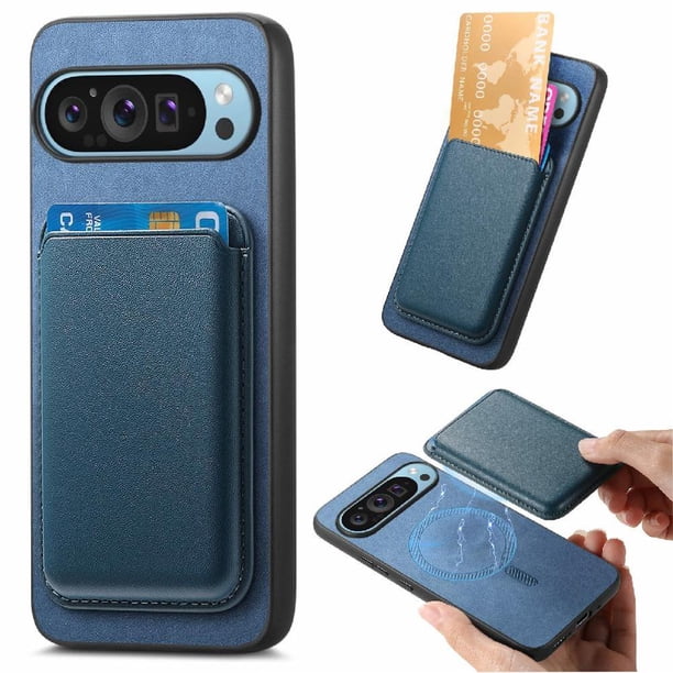 Funda de Cuero Magnética con Tarjetero para Google Pixel 9 Pro Cubierta Delgada Azul