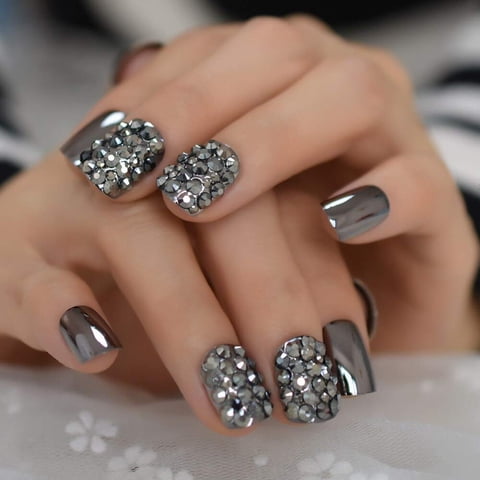 Puntas De Uñas Postizas Coolnail Punk, Gris Ahumado Oscuro, Gris Espejo