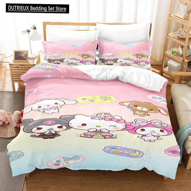 Cartoon Sanrio Hello Kitty Duvet Cover Bedding Set Kawaii Kuromi Children's Bedroom Pillow Cover Quilt Cover Full Twin King Size Bed Sheets