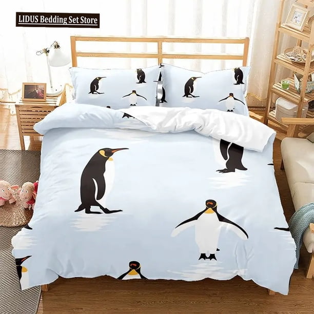 v945 Bed Sheets Cartoon Penguin Duvet Cover Set For Boys Girl Animated Antarctic Animal Polyester Quilt Cover White Black King Queen Size 3-Piece Bedding Set (1 Duvet Cover + 2 Pillow Shams) Bed Sheet