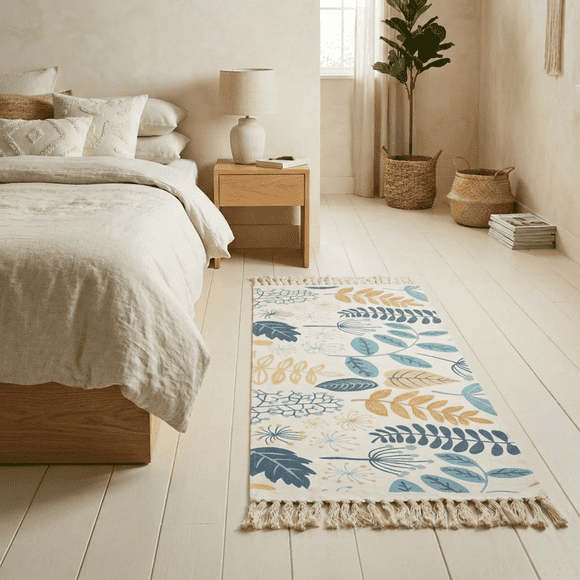 Bajada De Cama Kilim Pasillera De 130x60cm En Algodon Tejida Con Flecos Estampada