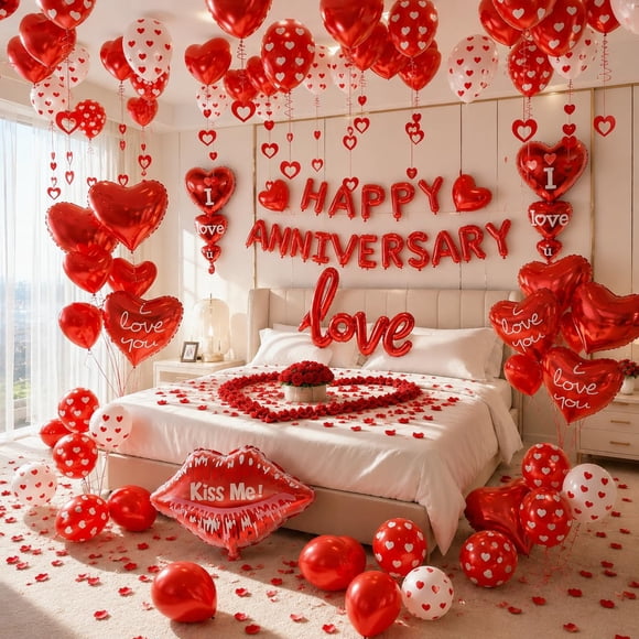 Set de globos y pancarta de corazones MAJUSTA para aniversario