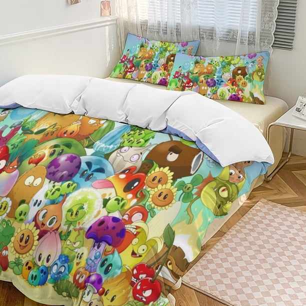 Plants Vs Zombies Quilt Set Thicken Soft 3 Pieces Bedding Set All Season Duvet Cove with 2 Pillowcases for Adult Women Girls Teens Home Room Decor